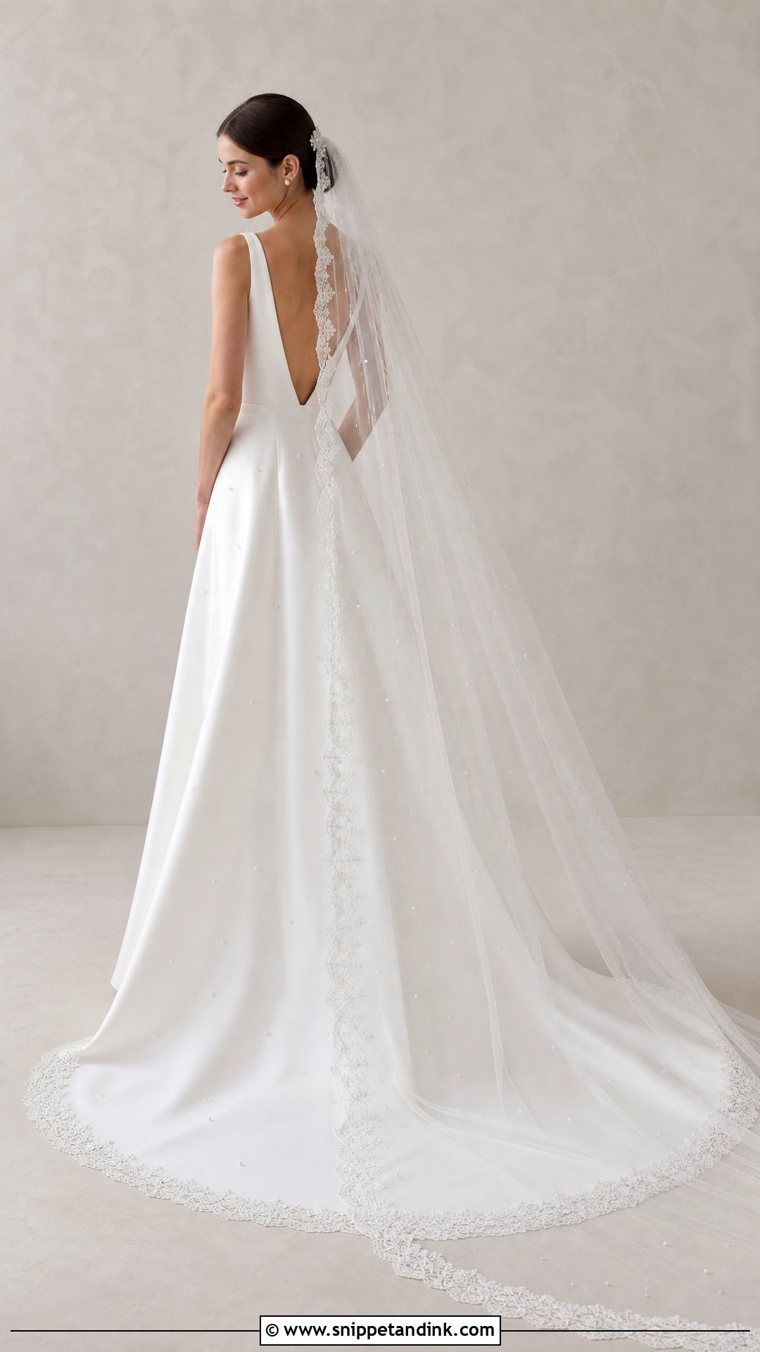 Pearl Mantilla Cathedral Veil With Simple Gown - Snippet and Ink - 20 Mantilla Cathedral Veil Ideas