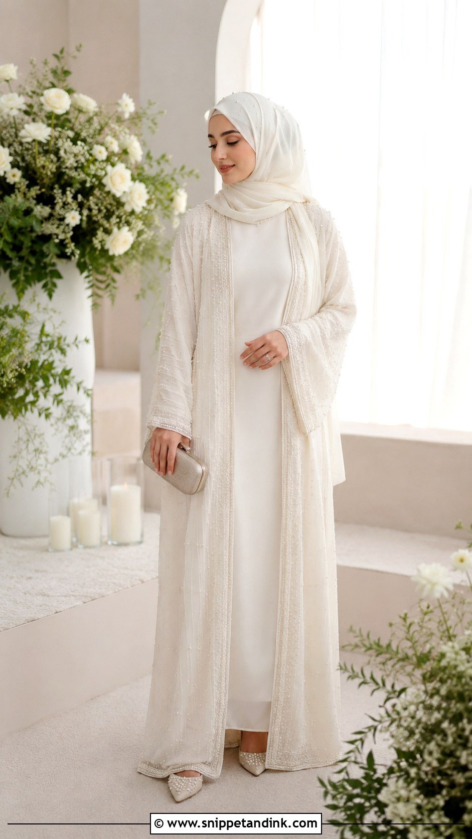 Pearl Nikah Hijab With Embellished Abaya - Snippet and Ink - 20 Nikah Hijab Style Ideas