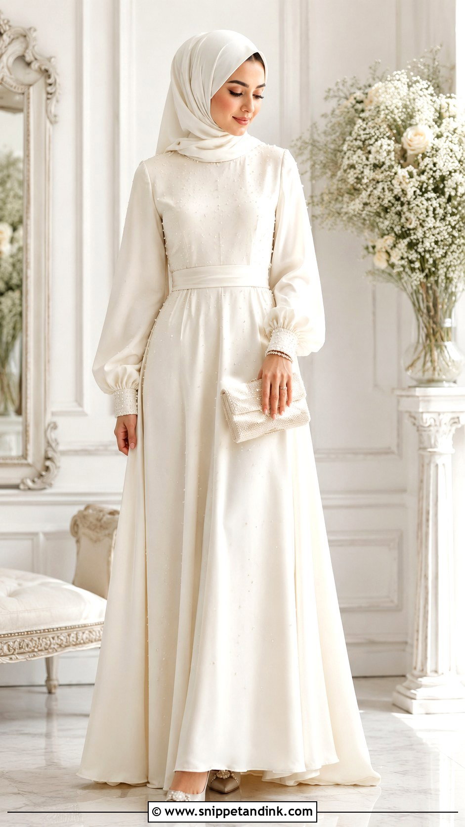 Pearl Nikkah Dress With Matching Hijab - Snippet and Ink - 30 Islamic Nikkah Outfit Ideas