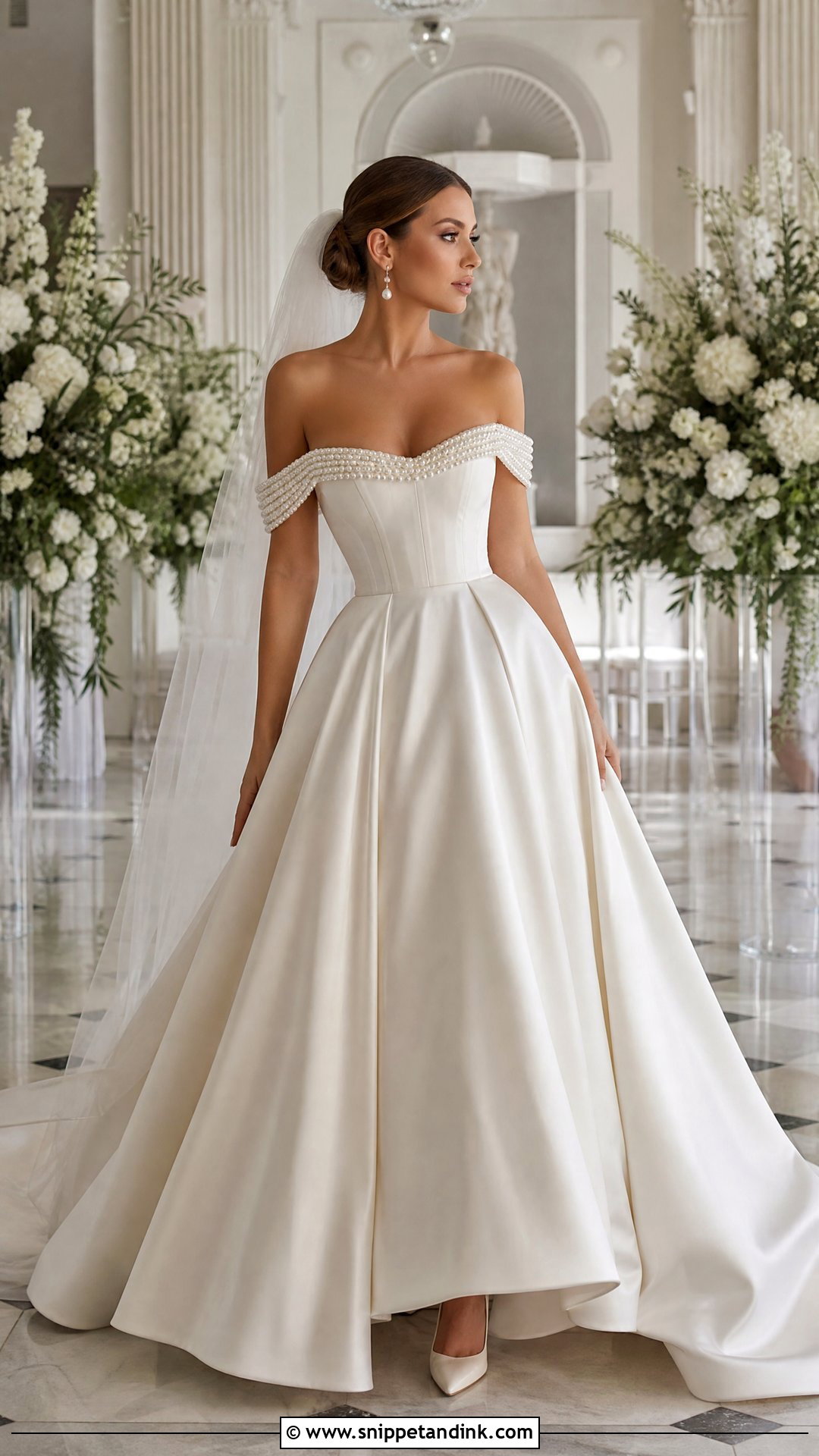 Pearl Off Shoulder Bridal Dress - Snippet and Ink - 20 Pearl Bridal Dress Ideas