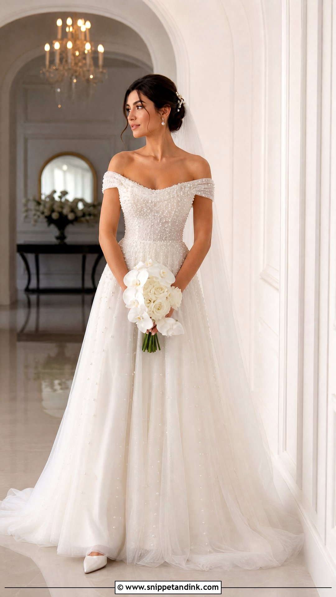 Pearl Off Shoulder Bridal Gown - Snippet and Ink - 20 Off Shoulder Bridal Gown Ideas