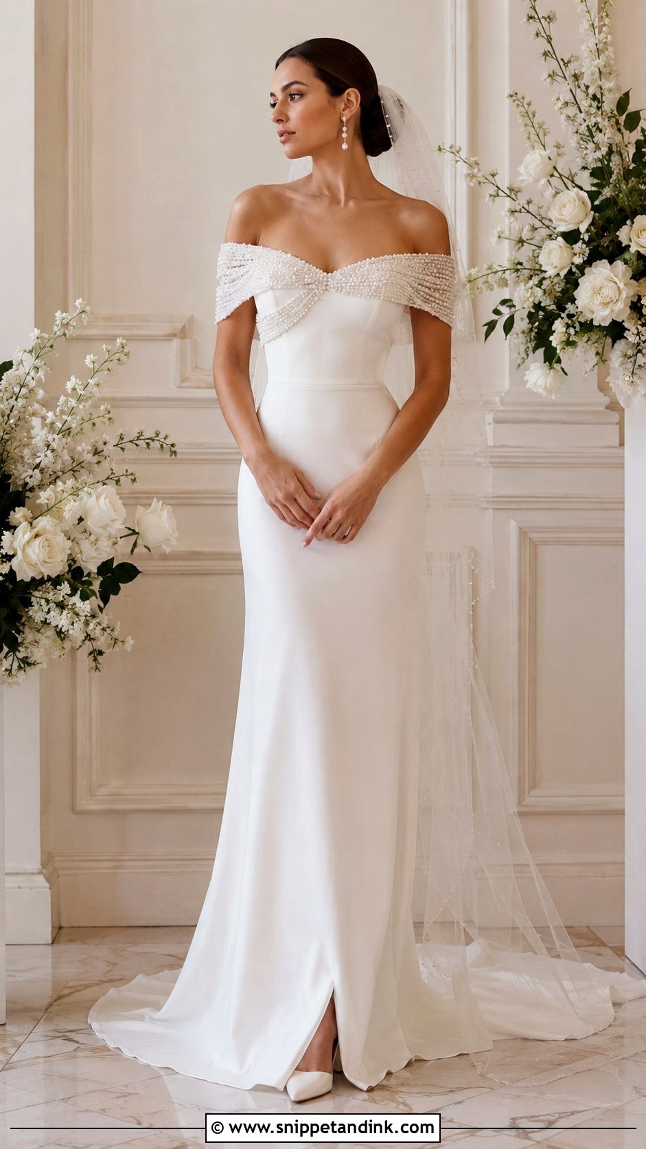 Pearl Off Shoulder Wedding Dress - Snippet and Ink - 25 Pearls Wedding Dresses