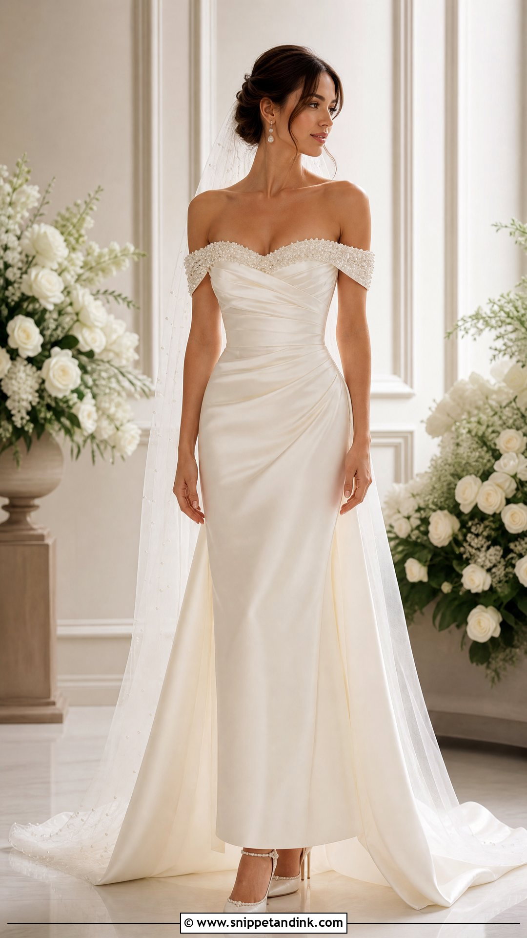 Pearl Off Shoulder Wedding Dress - Snippet and Ink - 25 Wedding Dress Pearls Ideas