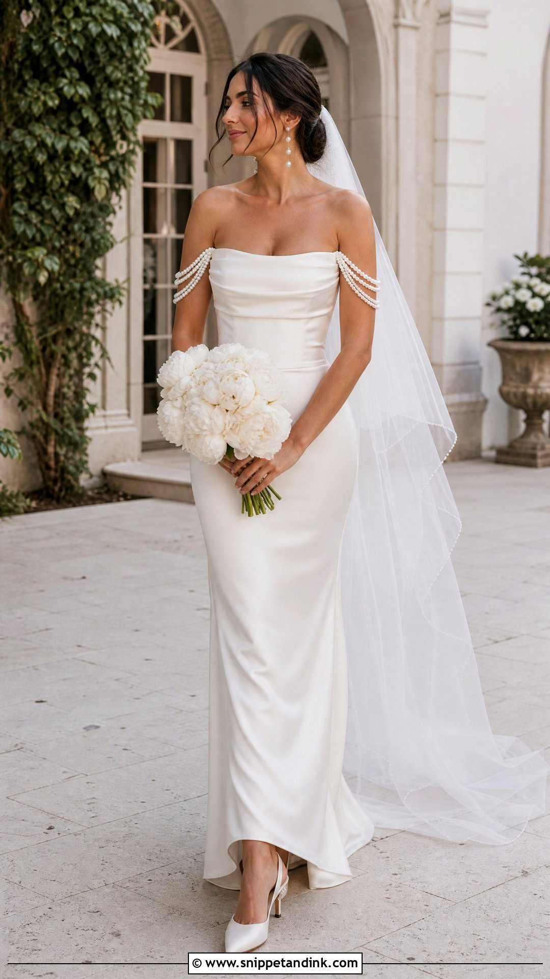 Pearl Off Shoulder Wedding Dress - Snippet and Ink - 20 Pearl Detail Wedding Dress Ideas