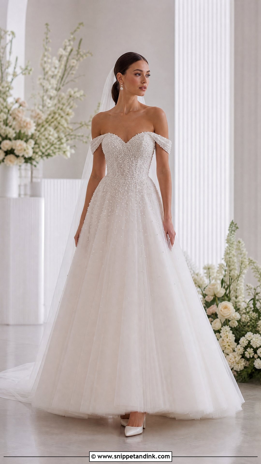 Pearl Off the Shoulder Ball Gown Wedding Dress - Snippet and Ink - 20 Off the Shoulder Ball Gown Wedding Dress Ideas
