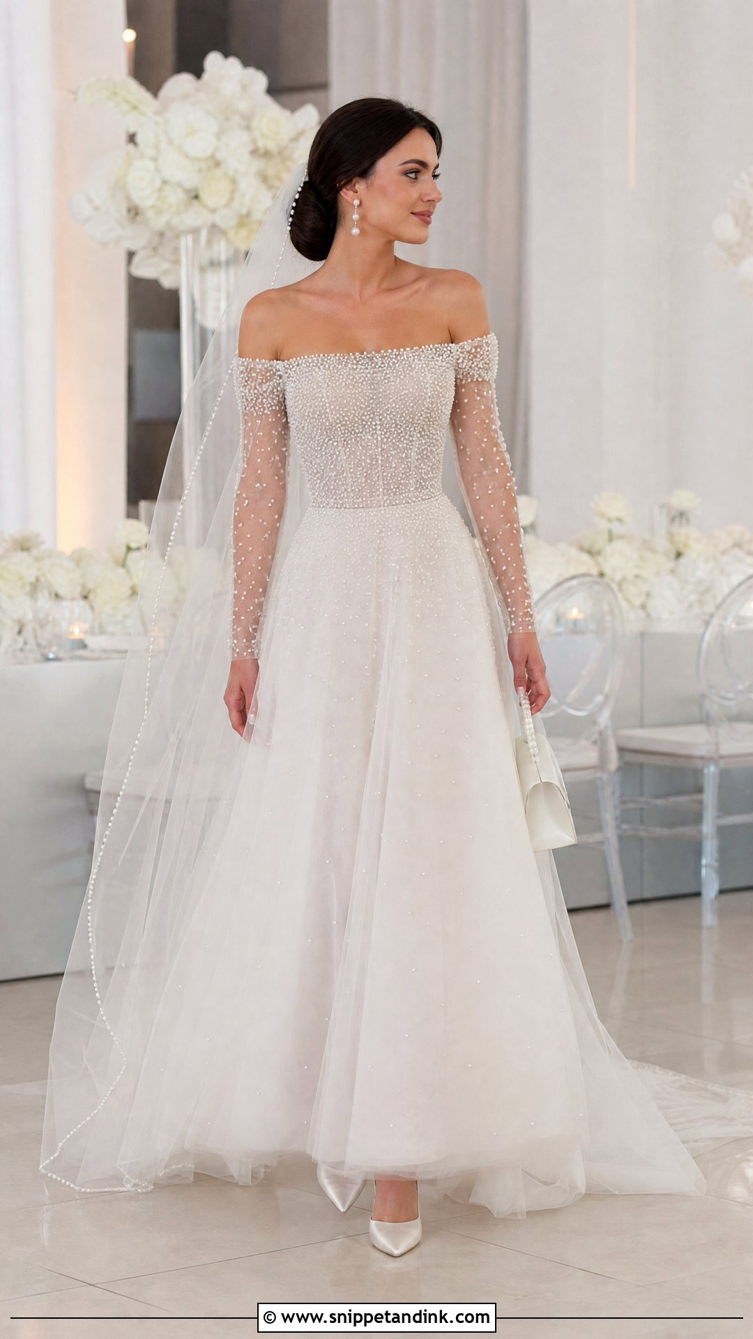 Pearl Off the Shoulder Long Sleeve Wedding Dress - Snippet and Ink - 20 Off the Shoulder Long Sleeve Wedding Ideas