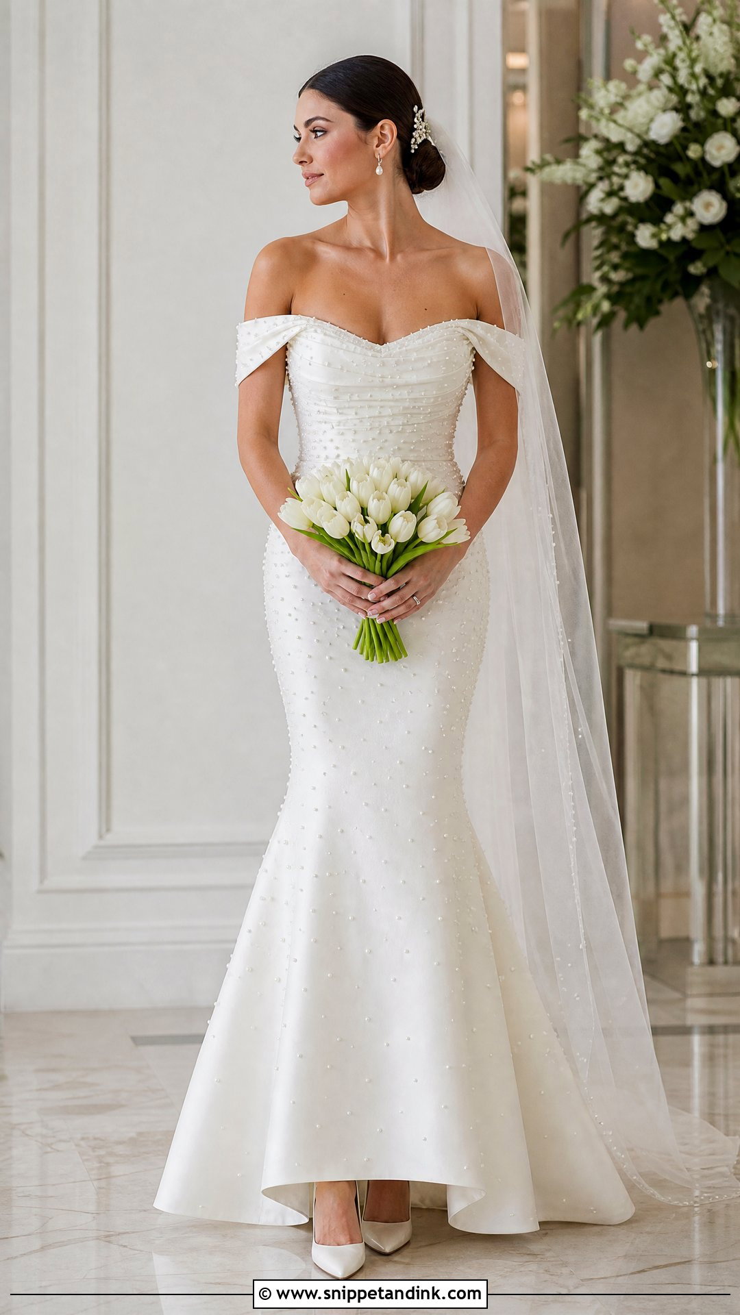 Pearl Off the Shoulder Mermaid Wedding Dress - Snippet and Ink - 20 Off the Shoulder Mermaid Wedding Dress Ideas