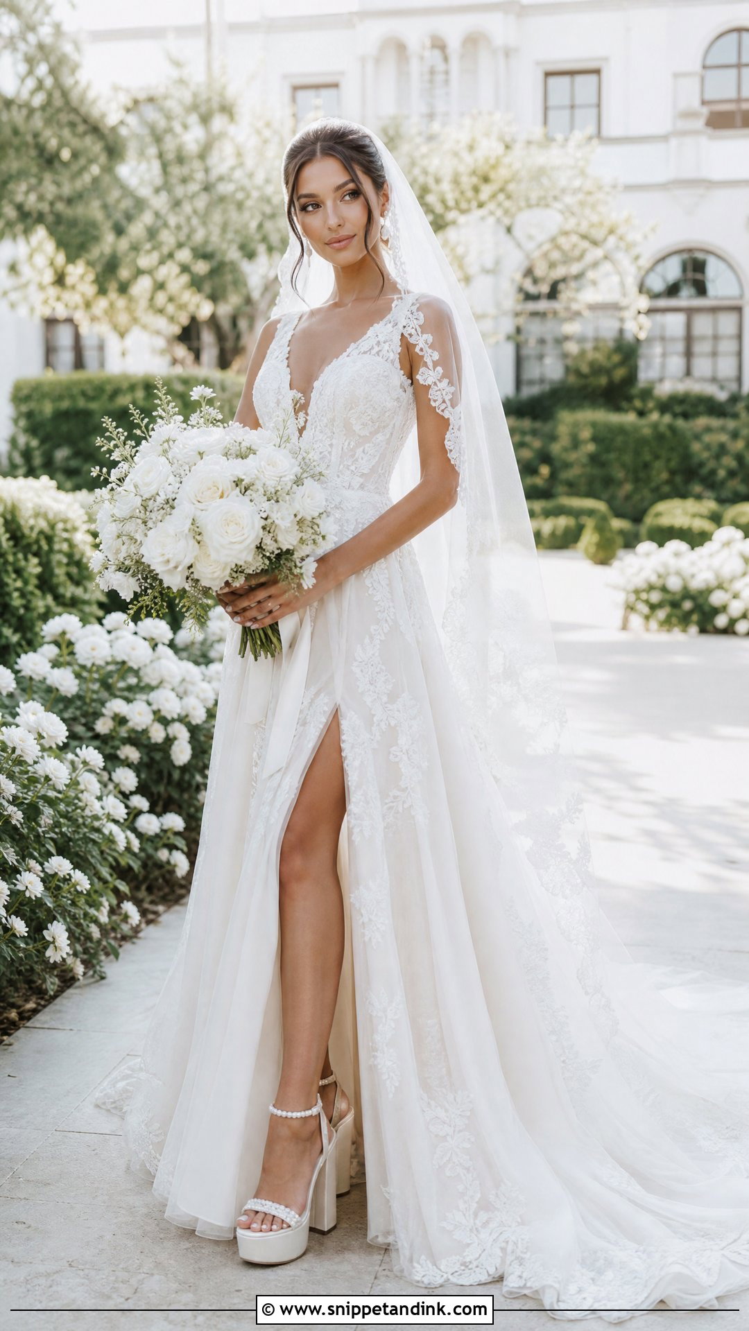 Pearl Platform Wedding Heels With Lace Dress - Snippet and Ink - 20 Platform Wedding Heels Ideas