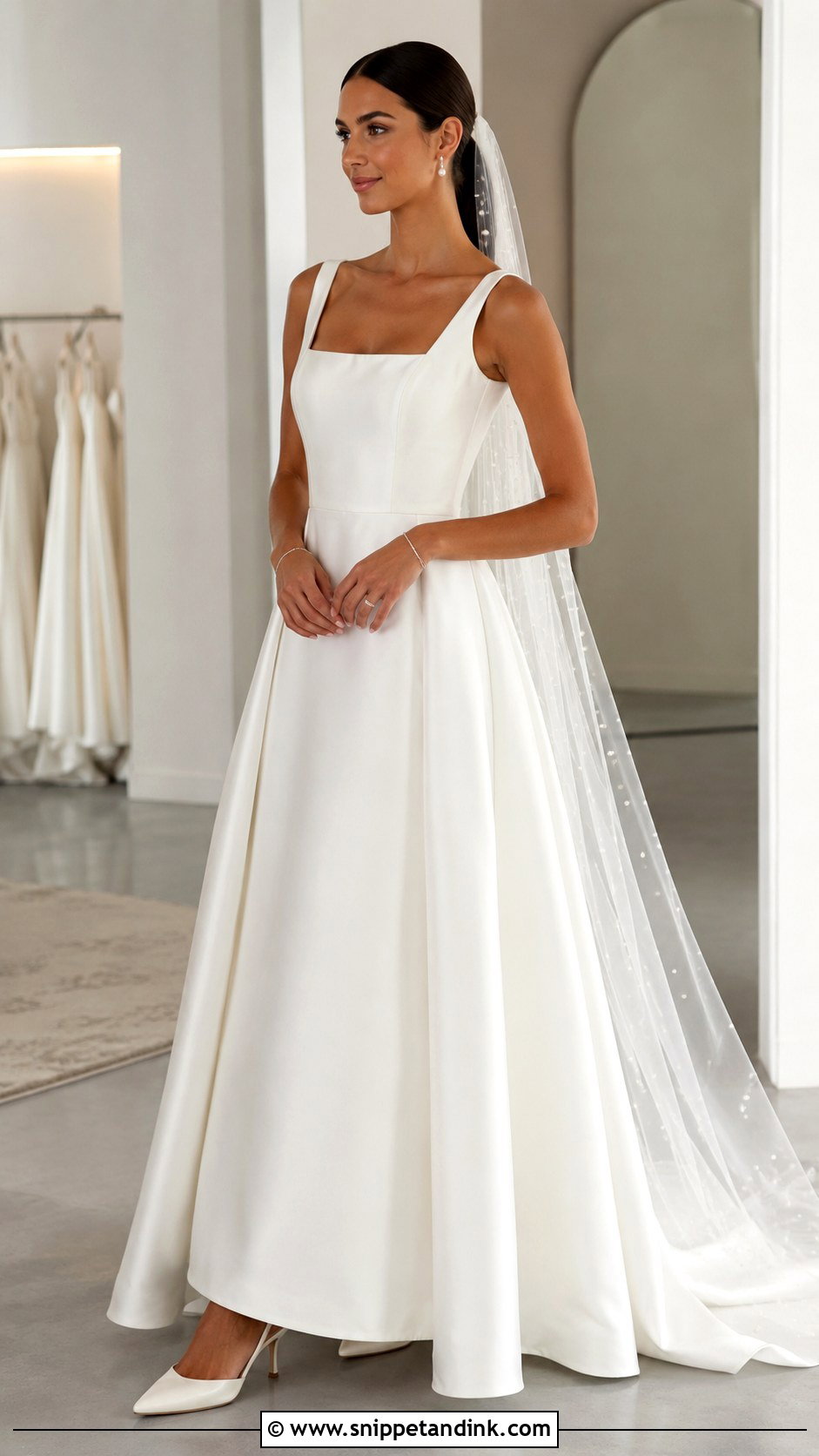 Pearl Silk Veil With Square Neck Wedding Gown - Snippet and Ink - 20 Silk Veil Ideas