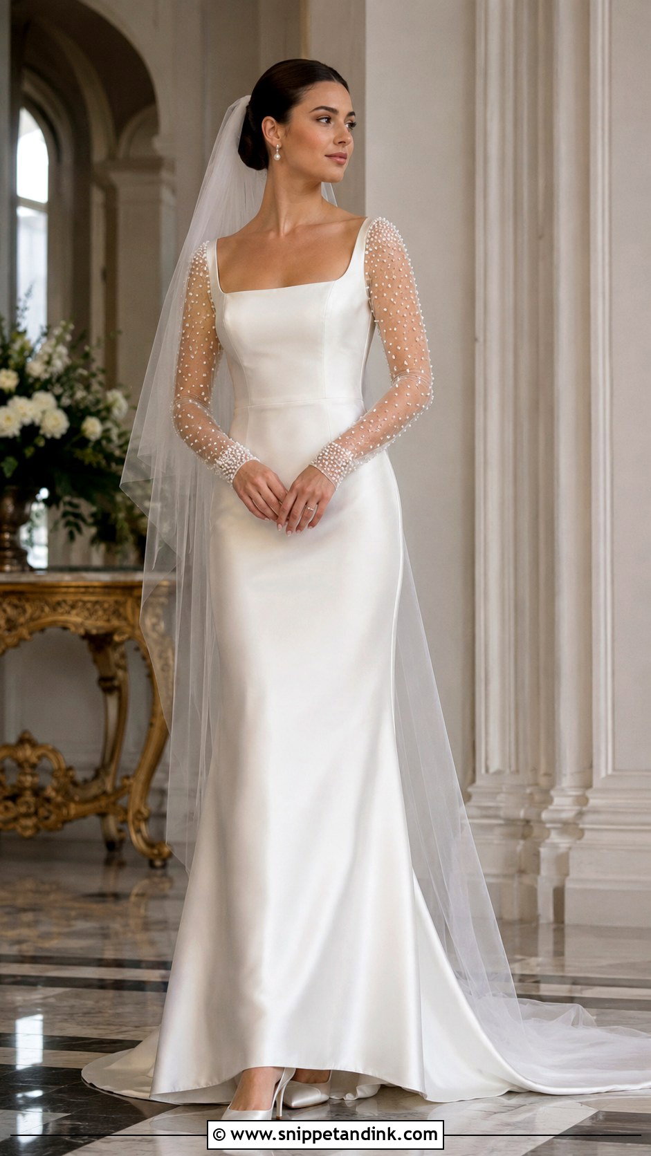 Pearl Sleeve Satin Wedding Dress - Snippet and Ink - 20 Romantic Wedding Dress with Sleeves