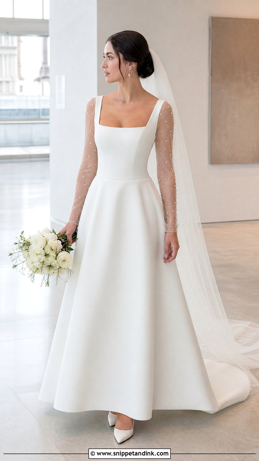 Pearl Sleeve Square Neck Wedding Dress - Snippet and Ink - 20 Pearl Sleeve Wedding Dress Ideas