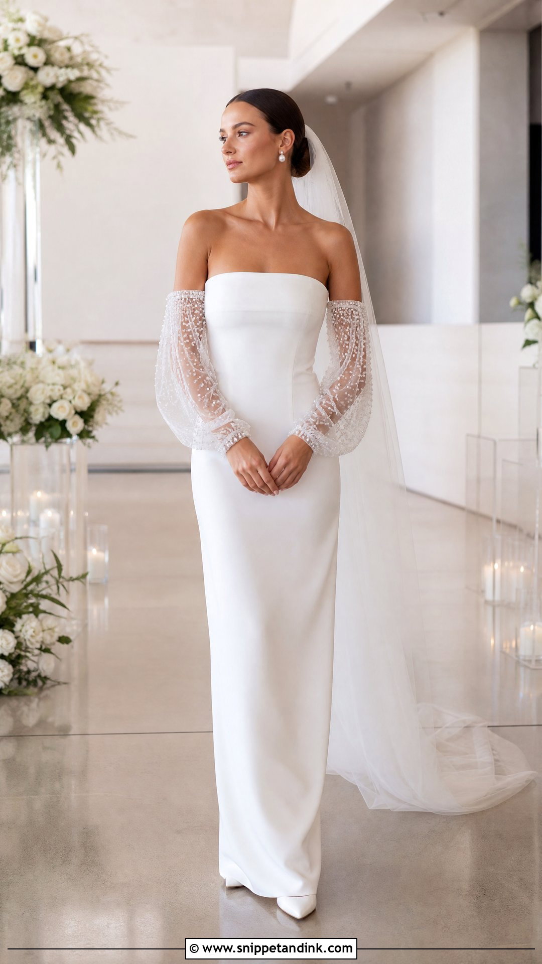 Pearl Sleeves With Crepe Column Wedding Dress - Snippet and Ink - 20 Wedding Sleeves Detachable