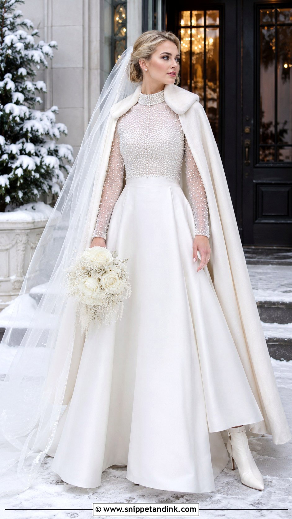 Pearl Snow Wedding Dress With Cathedral Veil - Snippet and Ink - 20 Snow Wedding Dress Ideas