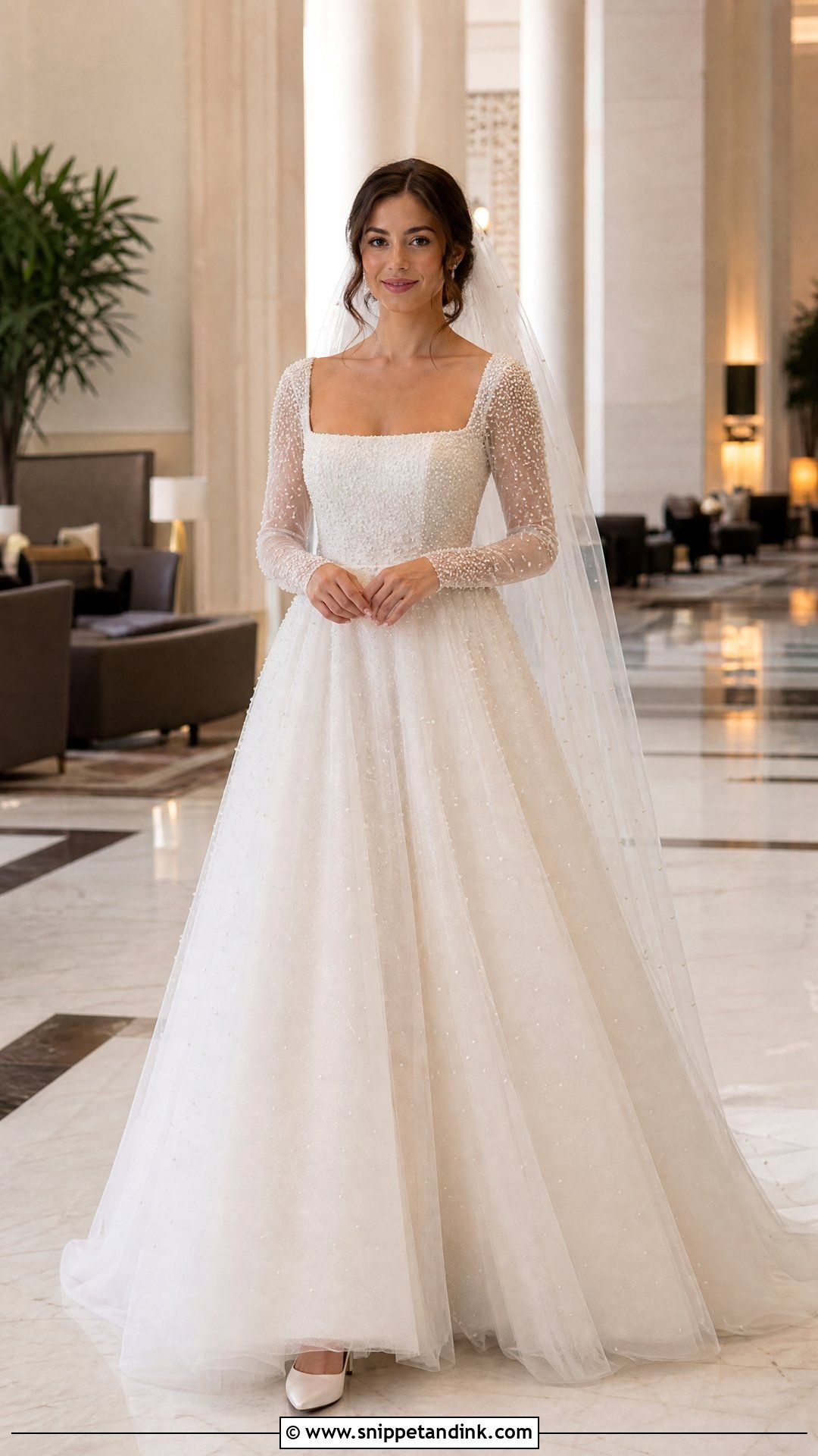 Pearl Square Neck Long Sleeve Wedding Dress - Snippet and Ink - 20 Square Neck Long Sleeve Wedding Dress Ideas