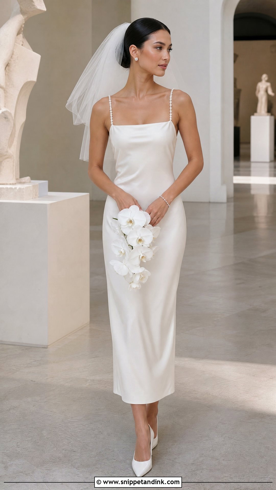 Pearl Strap Silk Slip Wedding Dress With Sleek Hair - Snippet and Ink - 20 Silk Slip Wedding Dress Ideas