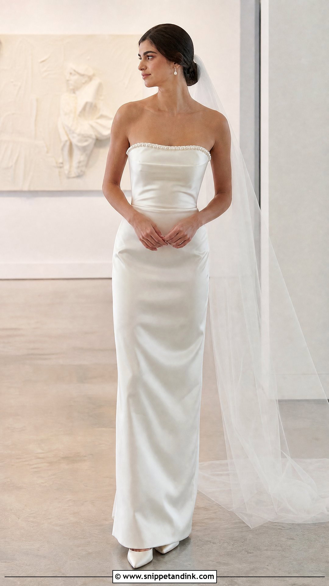 Pearl Strapless Satin Wedding Dress - Snippet and Ink - 20 Pearl Detail Wedding Dress Ideas
