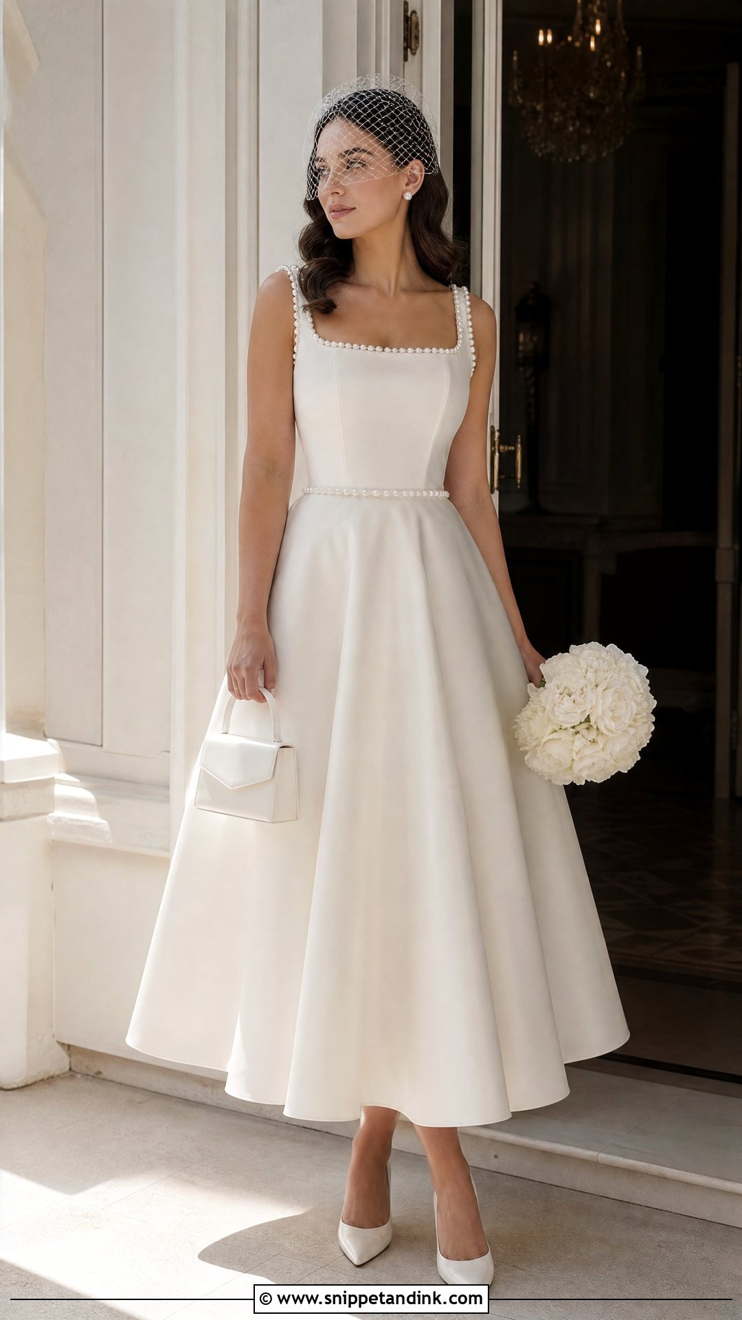 Pearl Tea Length Wedding Dress - Snippet and Ink - 20 Pearl Detail Wedding Dress Ideas