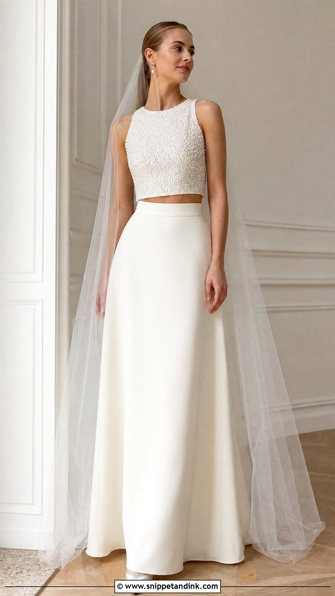 Pearl Top And Clean A Line Skirt Two Piece Wedding Dress - Snippet and Ink - 20 Wedding Two Piece Dress Ideas