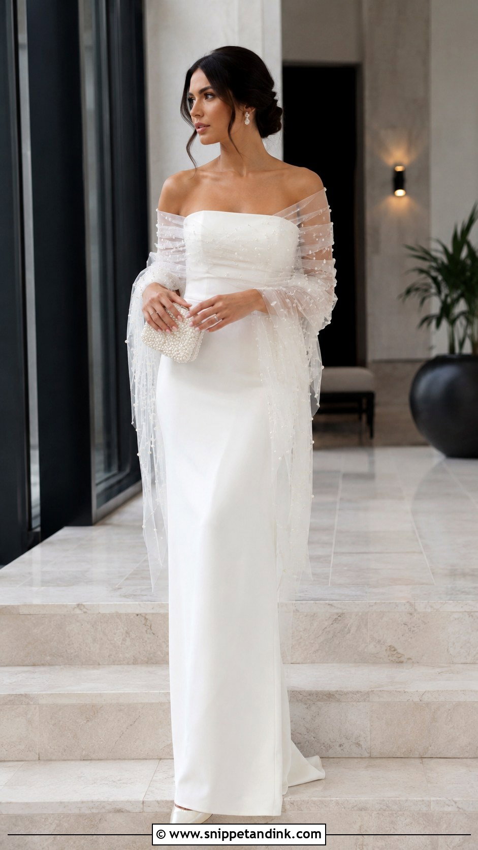 Pearl Tulle Bride Shawl With Minimalist Gown - Snippet and Ink - 20 Bride Shawl Ideas