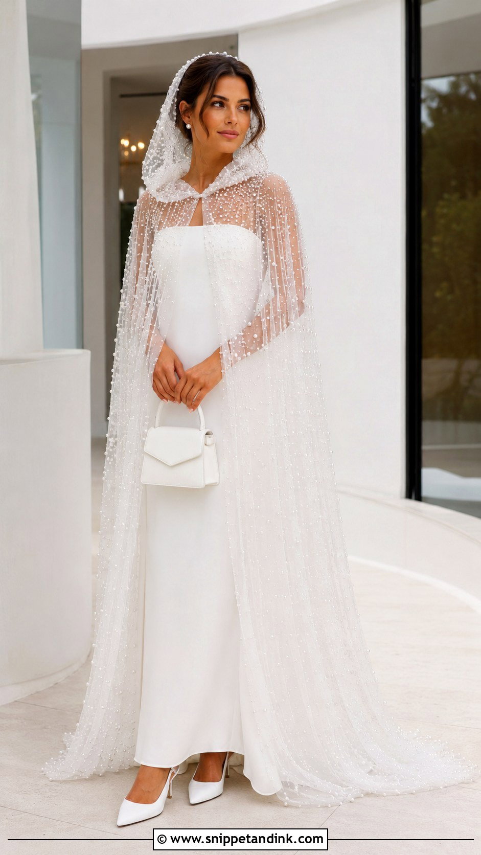 Pearl Tulle Hooded Wedding Cape With Minimal Gown - Snippet and Ink - 20 Wedding Cape with Hood Ideas