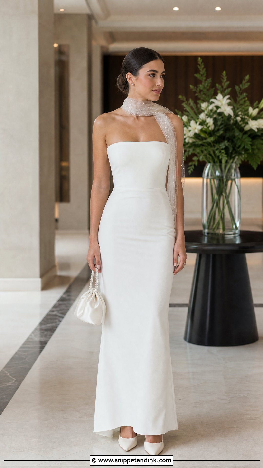 Pearl Tulle Scarf With Minimal Wedding Dress - Snippet and Ink - 25 Neck Scarf Wedding Dress Ideas