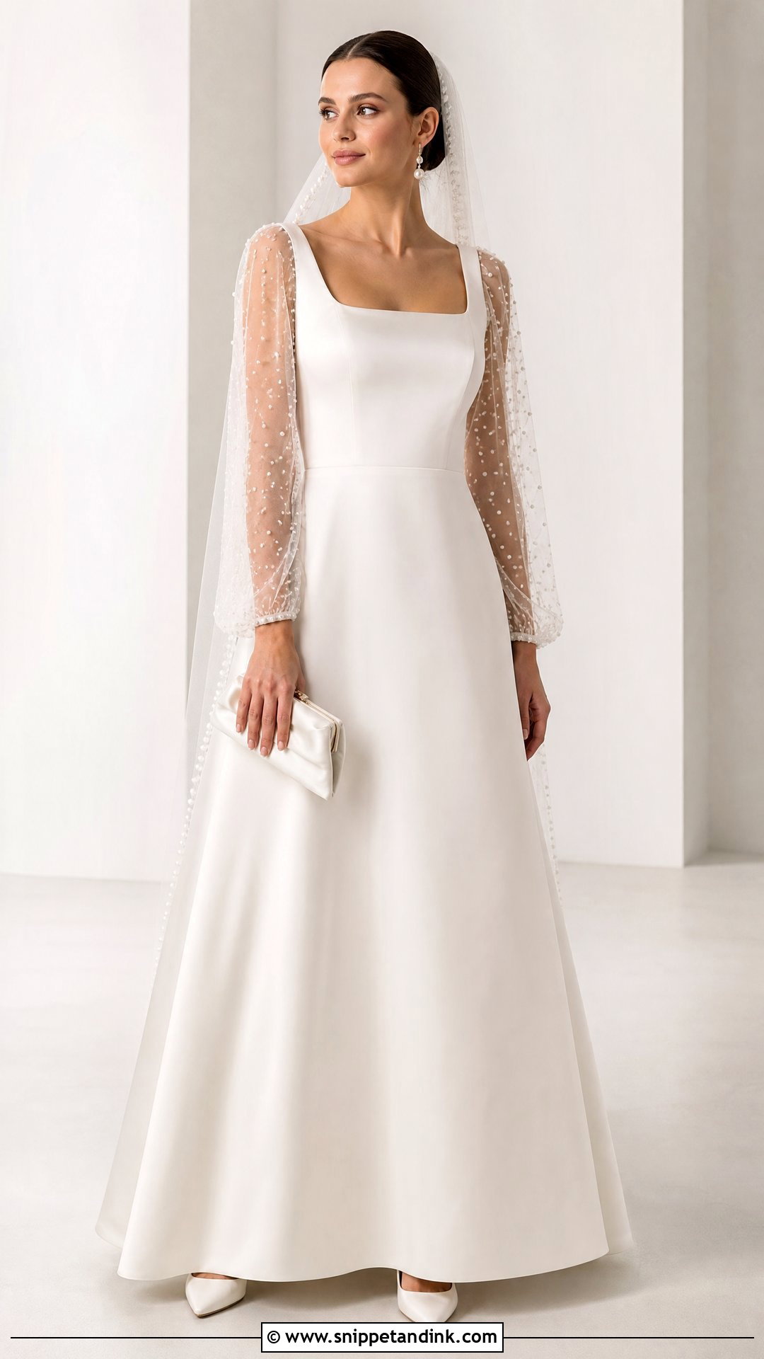 Pearl Tulle Sleeve Satin Wedding Dress - Snippet and Ink - 20 Wedding Dress Tulle Sleeves
