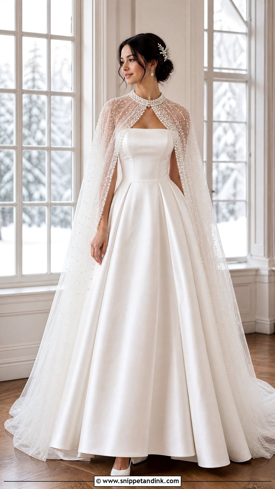 Pearl Tulle Winter Wedding Cape With Strapless Gown - Snippet and Ink - 20 Winter Wedding Cape Ideas