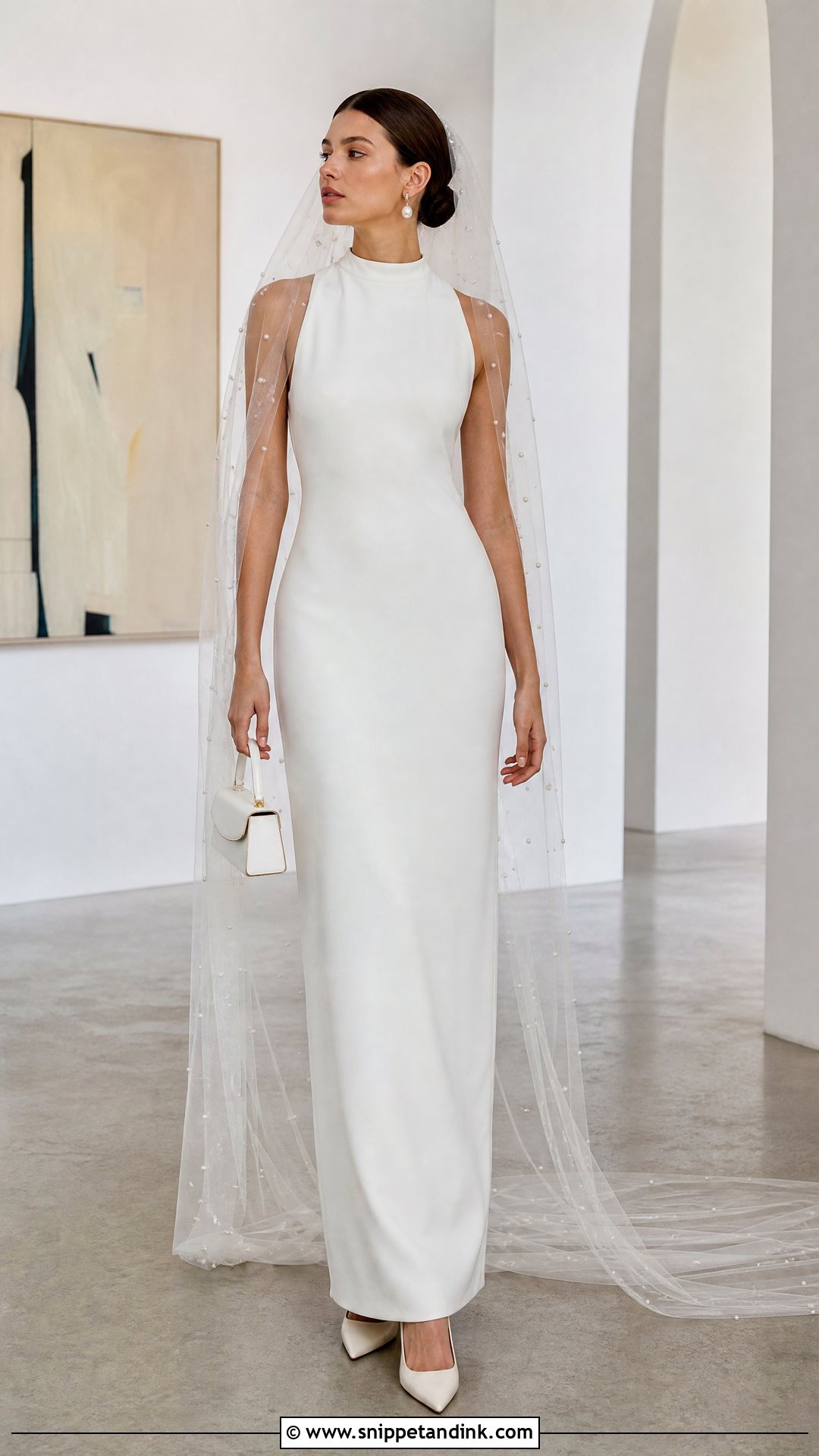 Pearl Veil With Minimalist Crepe Dress - Snippet and Ink - 20 Woman in Veil Ideas