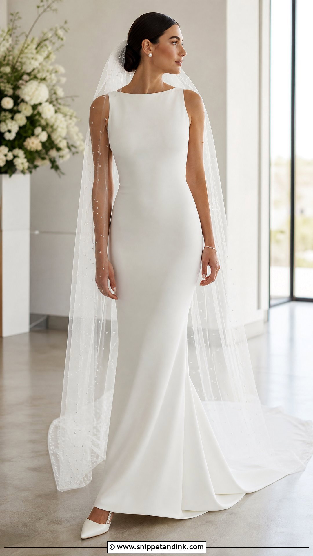 Pearl Veil With Minimalist Crepe Gown - Snippet and Ink - 20 Veiled Bride Ideas