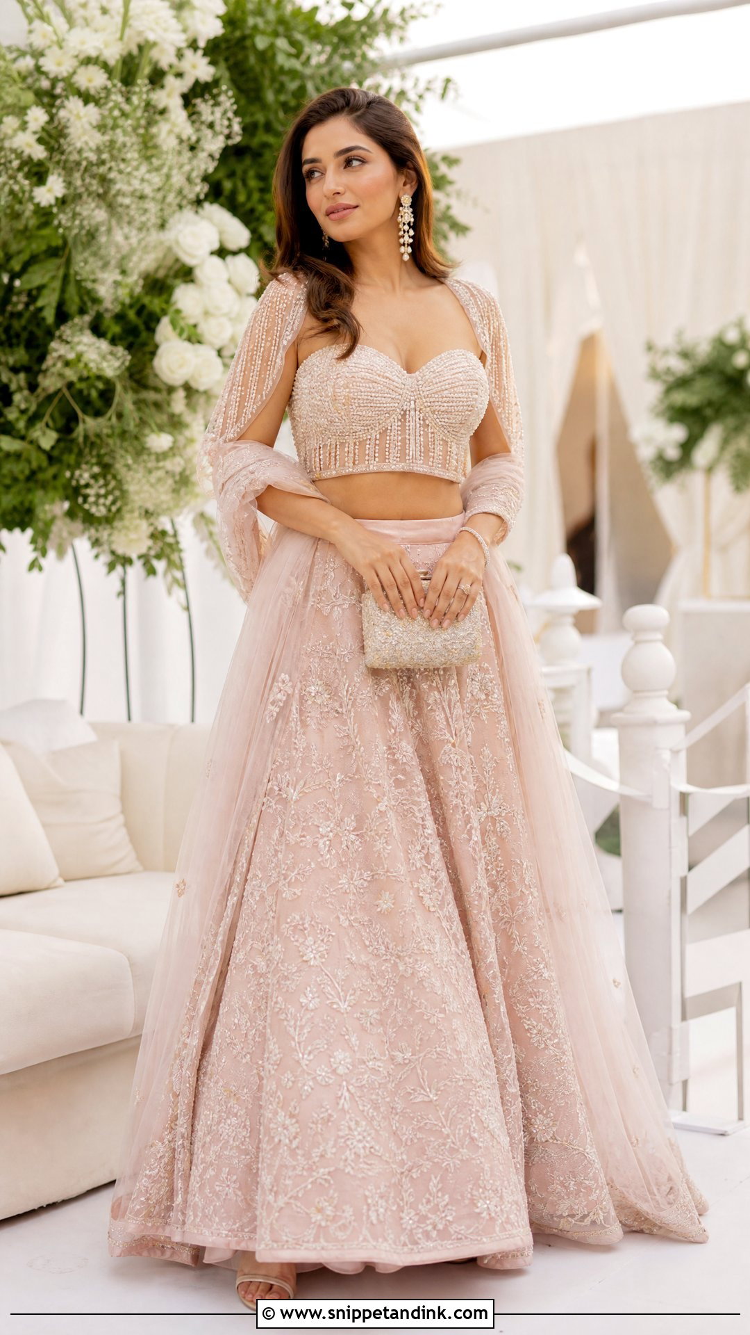 Pearl Wedding Blouse With Blush Pink Lehenga - Snippet and Ink - 20 Wedding Blouses Ideas