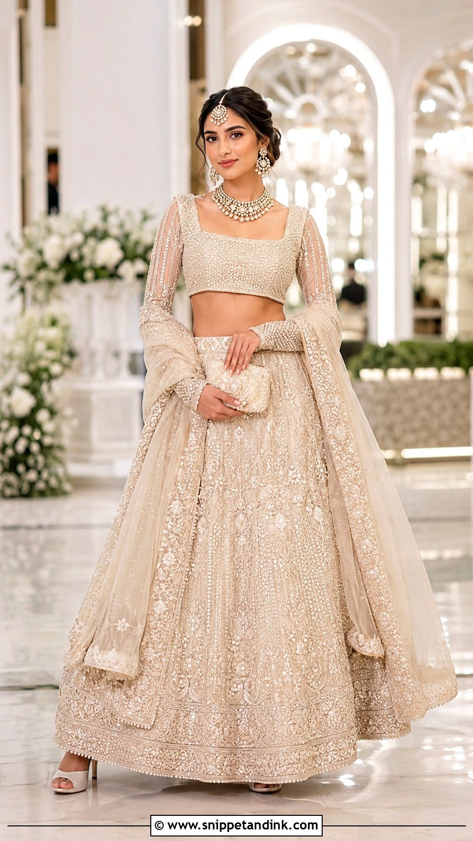 Pearl Wedding Blouse With Ivory Lehenga - Snippet and Ink - 20 Wedding Blouse Designs