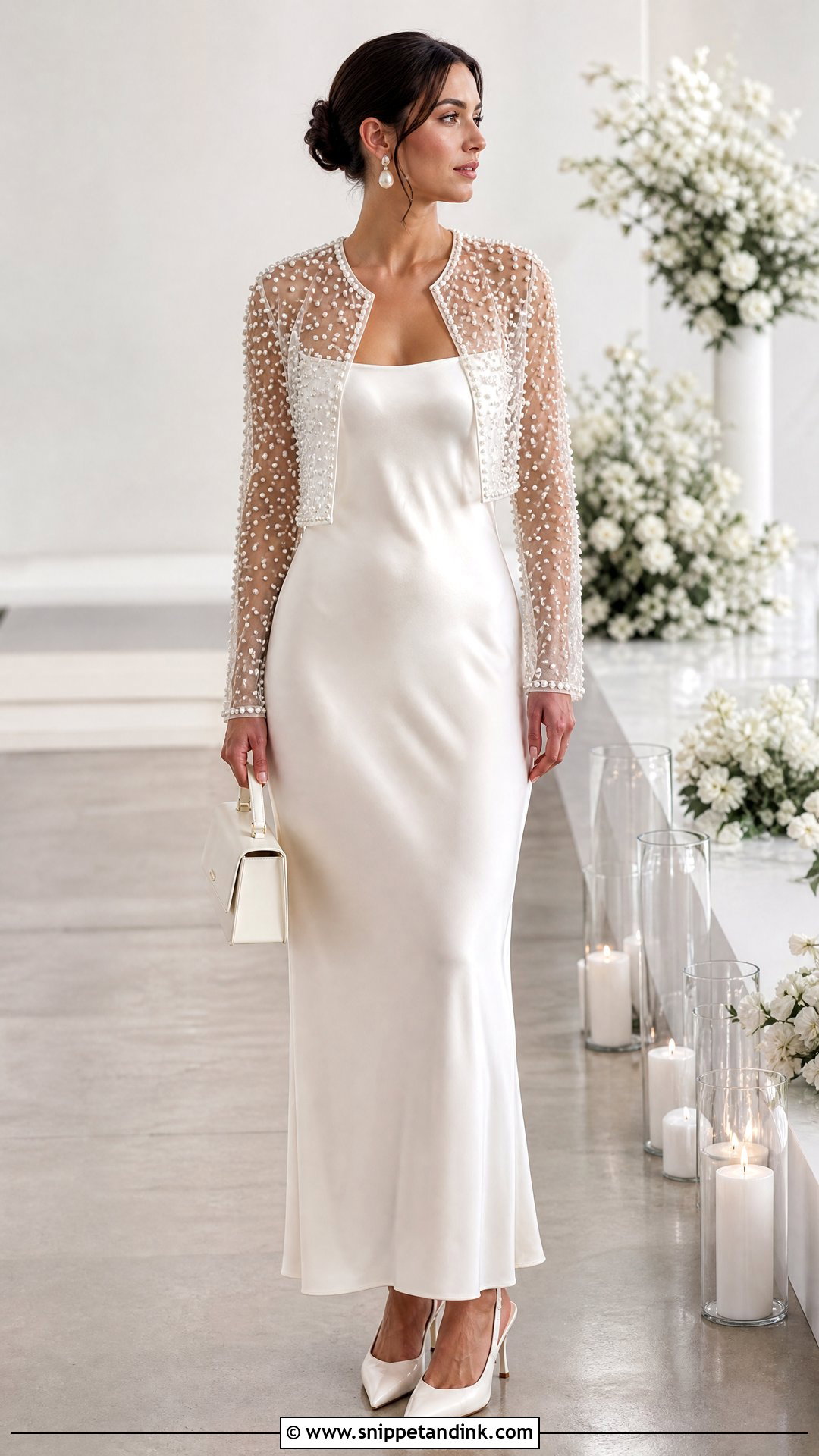 Pearl Wedding Bolero Jacket With Slip Dress - Snippet and Ink - 20 Wedding Bolero Jacket Ideas