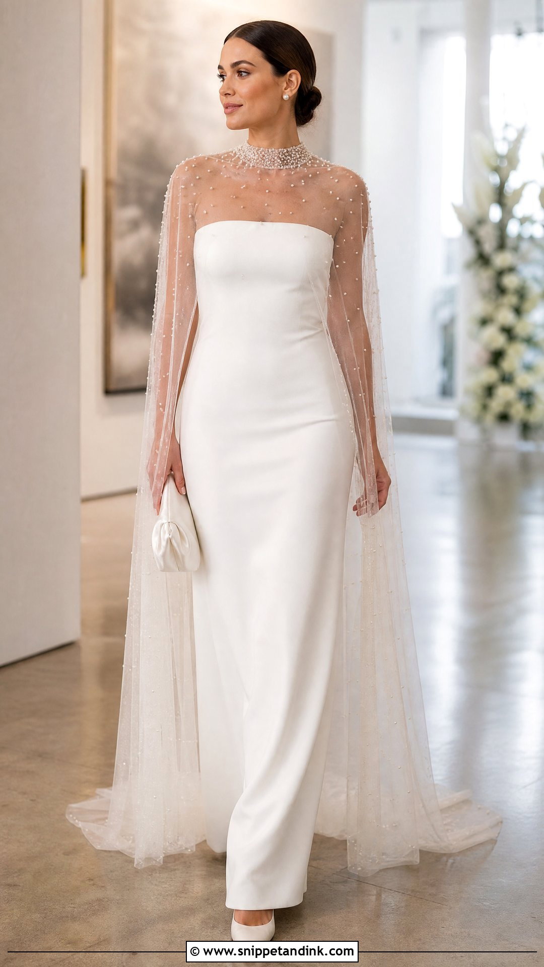 Pearl Wedding Cape With Minimalist Gown - Snippet and Ink - 20 Wedding Wraps Ideas