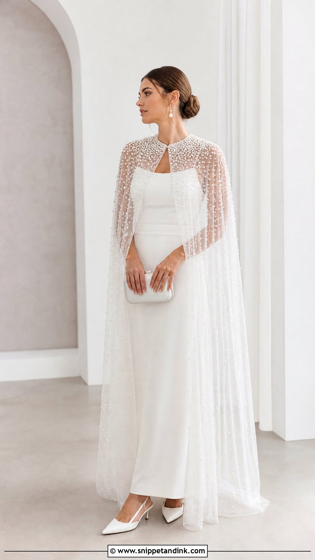 Pearl Wedding Cloak With Simple Crepe Dress - Snippet and Ink - 25 Wedding Cloak Ideas