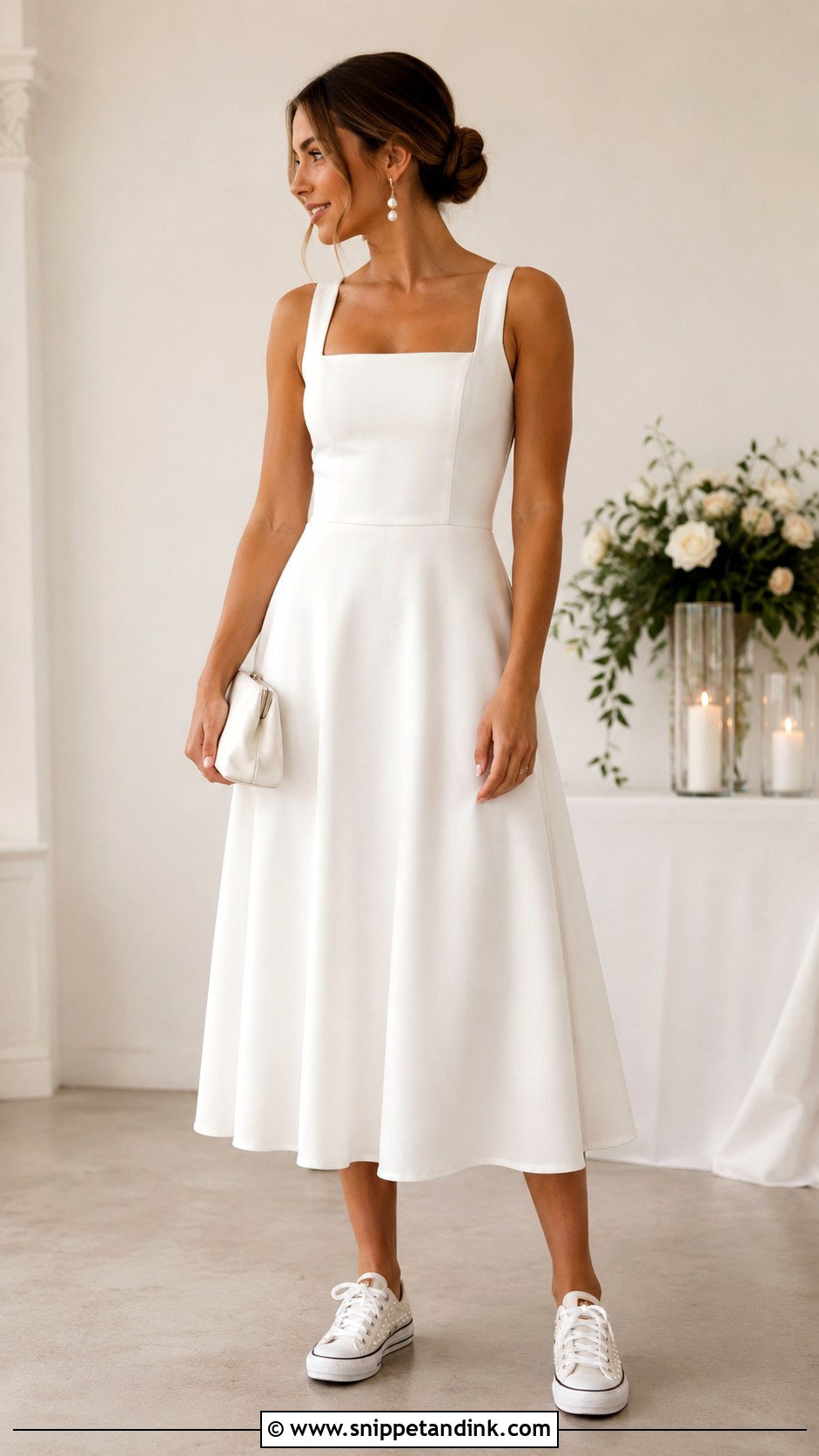Pearl Wedding Converse With A Midi Dress - Snippet and Ink - 30 Wedding Converse Ideas