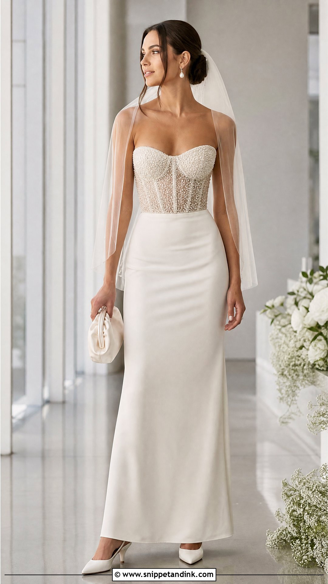 Pearl Wedding Corset Top With Column Skirt - Snippet and Ink - 20 Wedding Corset Top Ideas