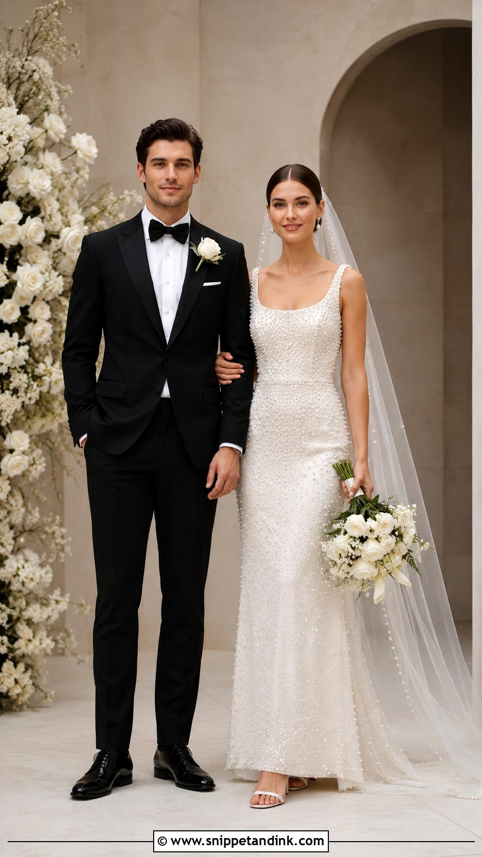 Pearl Wedding Dress And Classic Tuxedo Wedding Couple Outfit - Snippet and Ink - 25 Wedding Couple Outfits