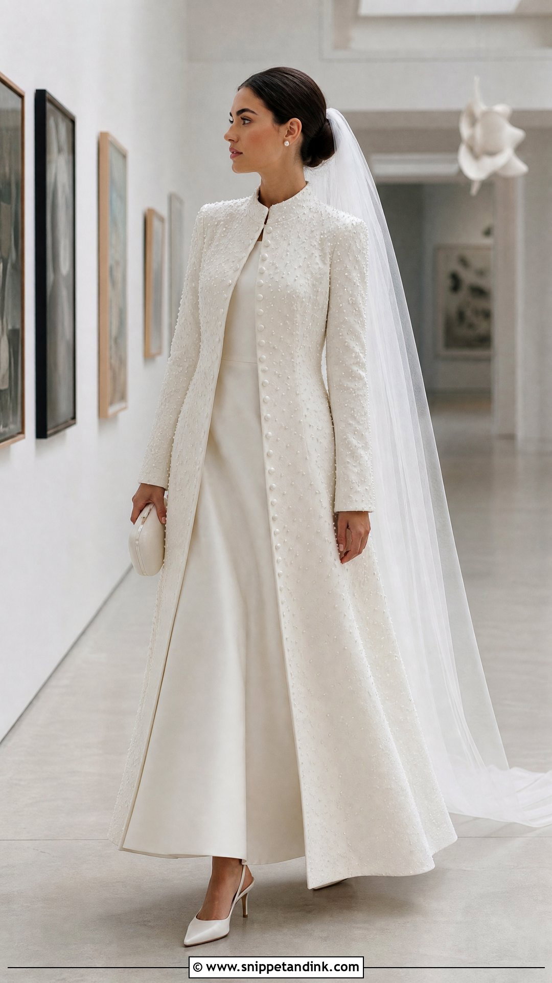 Pearl Wedding Dress Coat With Simple Satin Gown - Snippet and Ink - 20 Wedding Dress Coat Ideas