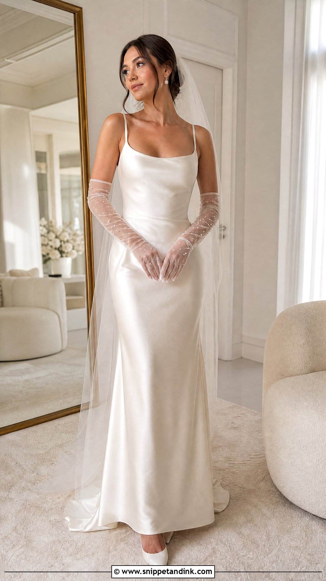 Pearl Wedding Dress Gloves With Simple Satin Gown - Snippet and Ink - 25 Wedding Dress Gloves Ideas