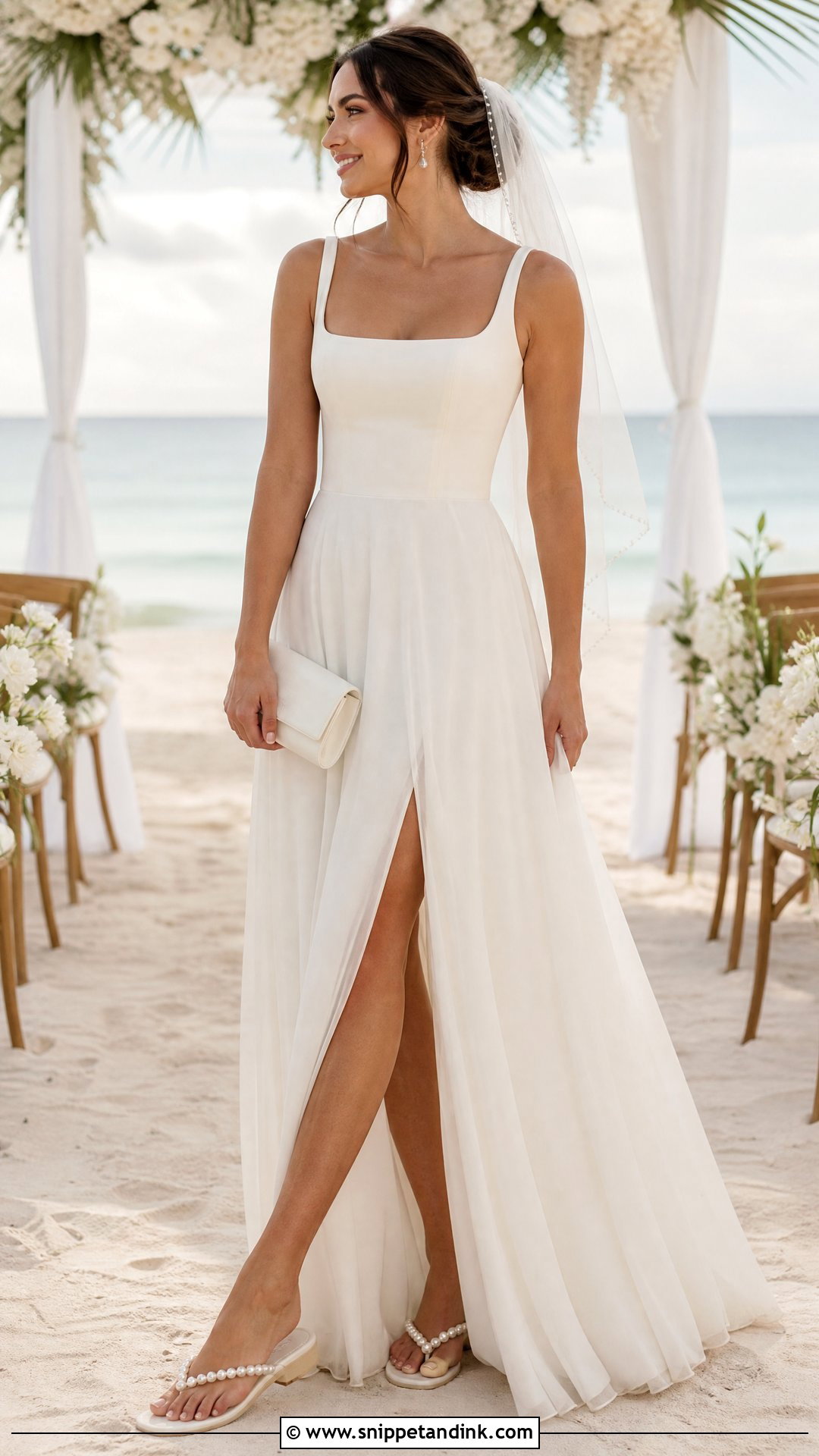 Pearl Wedding Flip Flops With A Line Dress - Snippet and Ink - 20 Wedding Flip Flops Ideas