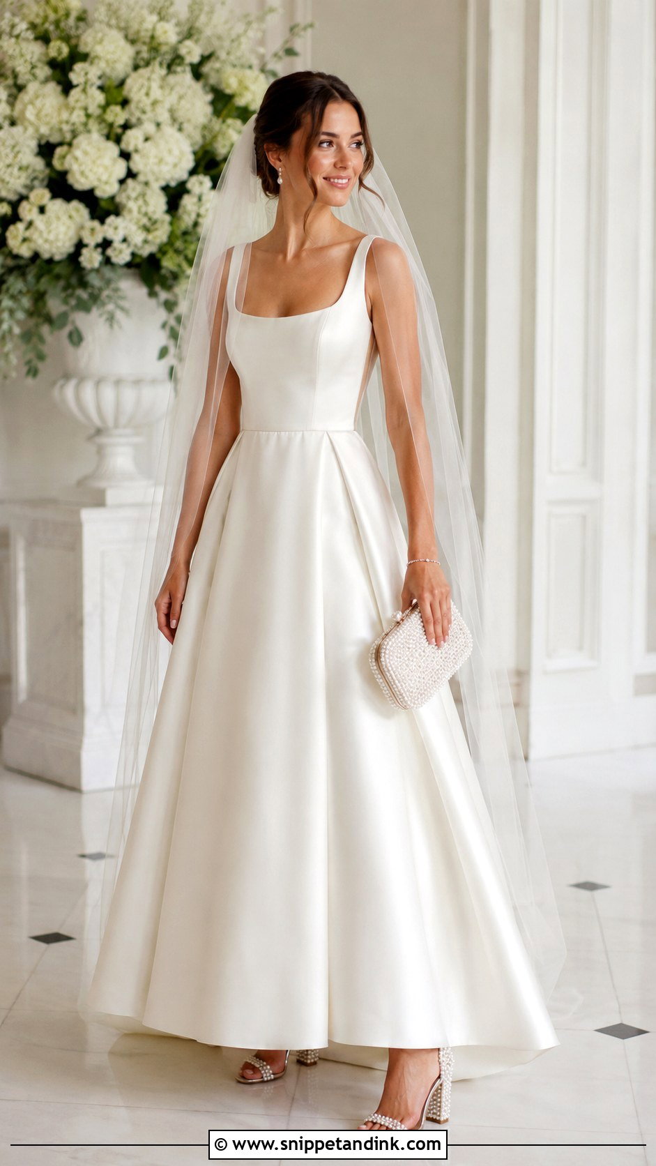 Pearl Wedding Heels With Satin A Line Gown - Snippet and Ink - 20 Aesthetic Wedding Heels Ideas
