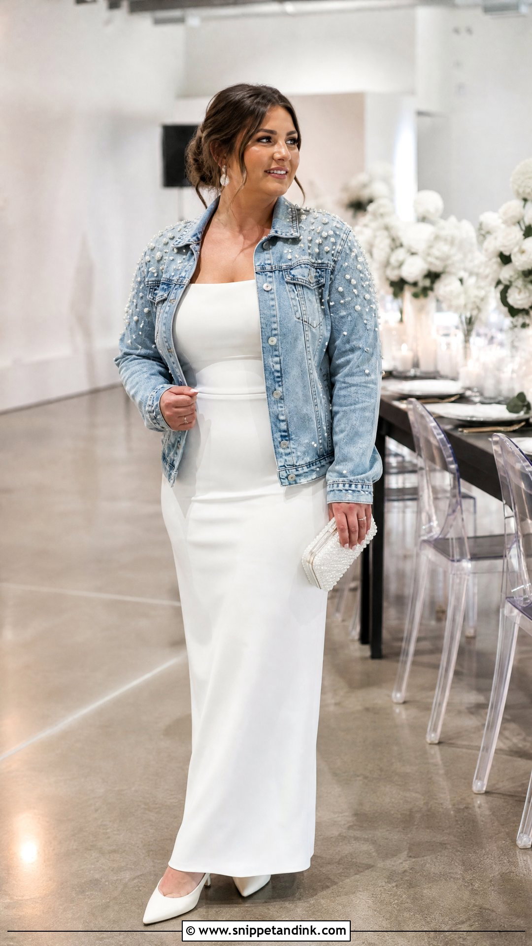 Pearl Wedding Jean Jacket With Crepe Dress - Snippet and Ink - 20 Wedding Jean Jacket Ideas