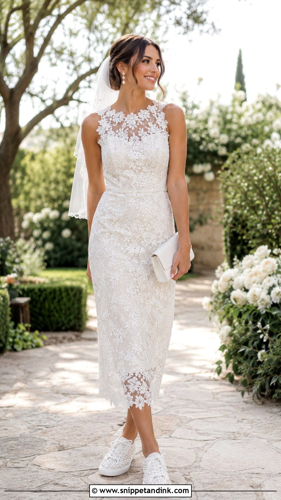Pearl Wedding Trainers With Lace Midi Dress - Snippet and Ink - 20 Wedding Trainers Ideas