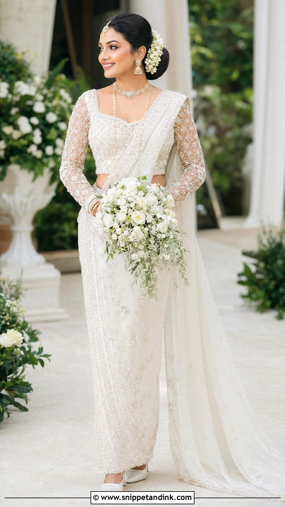 Pearl White Kandyan Bride With Floral Beading - Snippet and Ink - 20 Kandian Bride Ideas