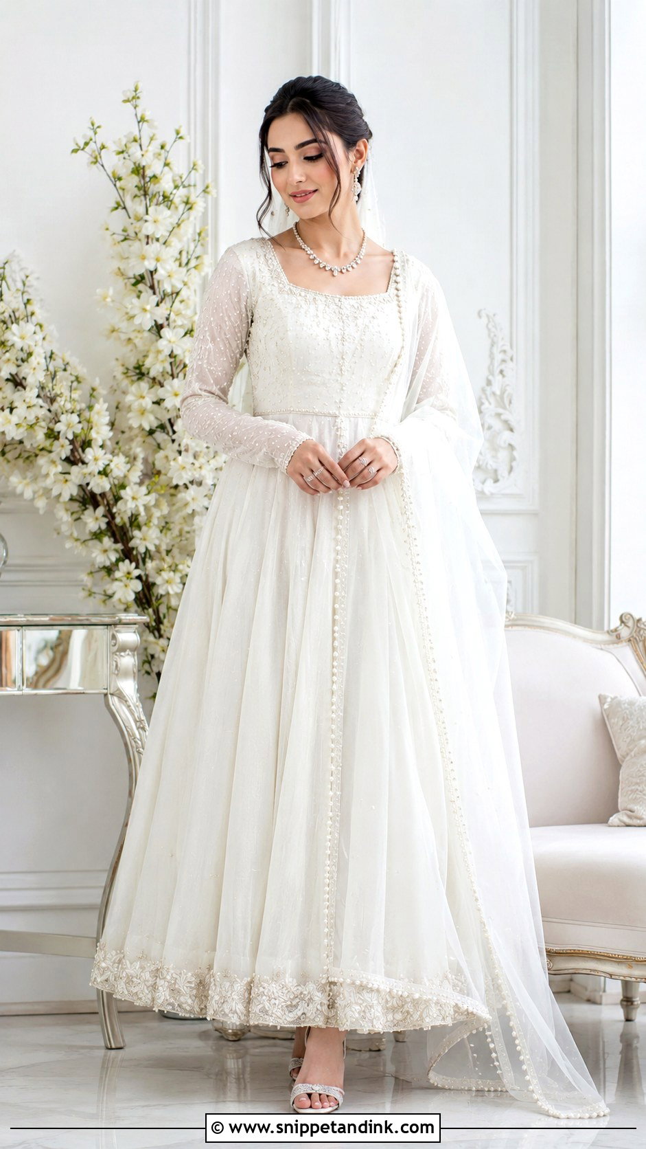 Pearl White Nikah Maxi Outfit - Snippet and Ink - 25 Pakistani Nikah Outfit Ideas