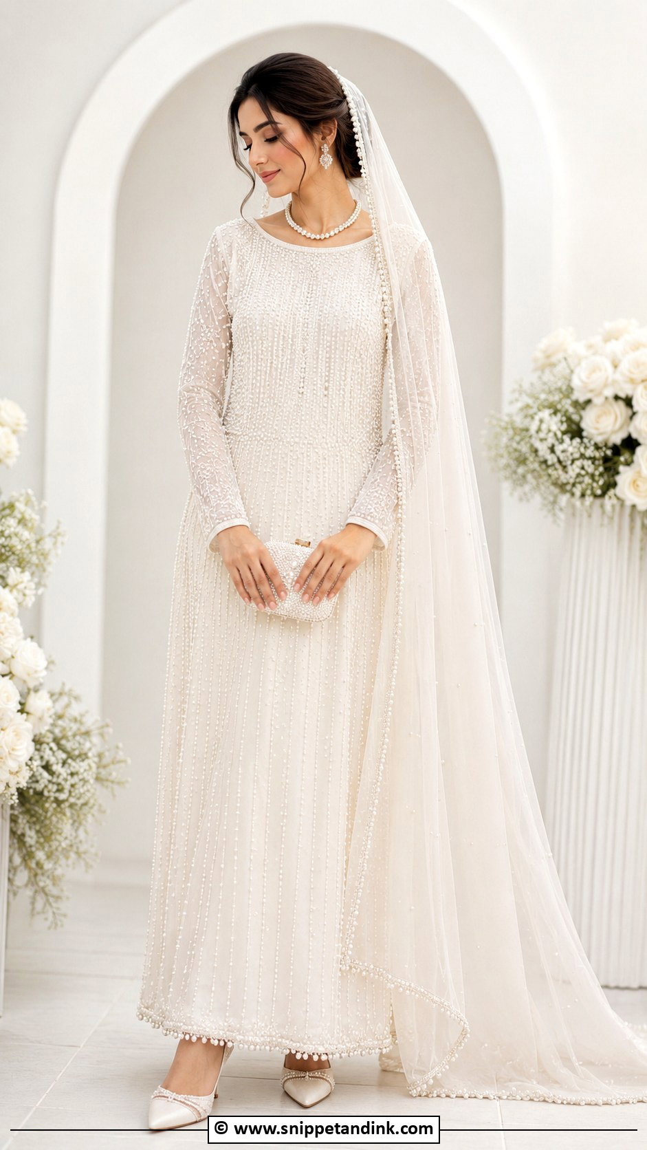 Pearl White Nikkah Maxi Dress Outfit - Snippet and Ink - 25 Nikkah Outfits for Bride