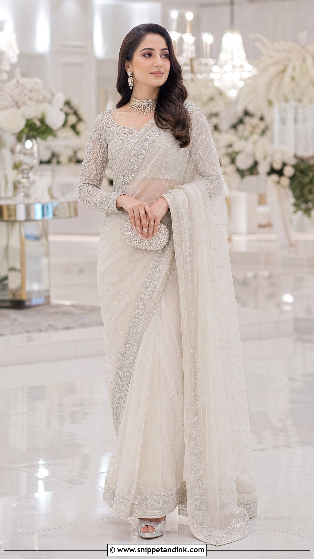 Pearl White Pakistani Walima Bridal Saree - Snippet and Ink - 20 Pakistani Walima Bridal Dresses
