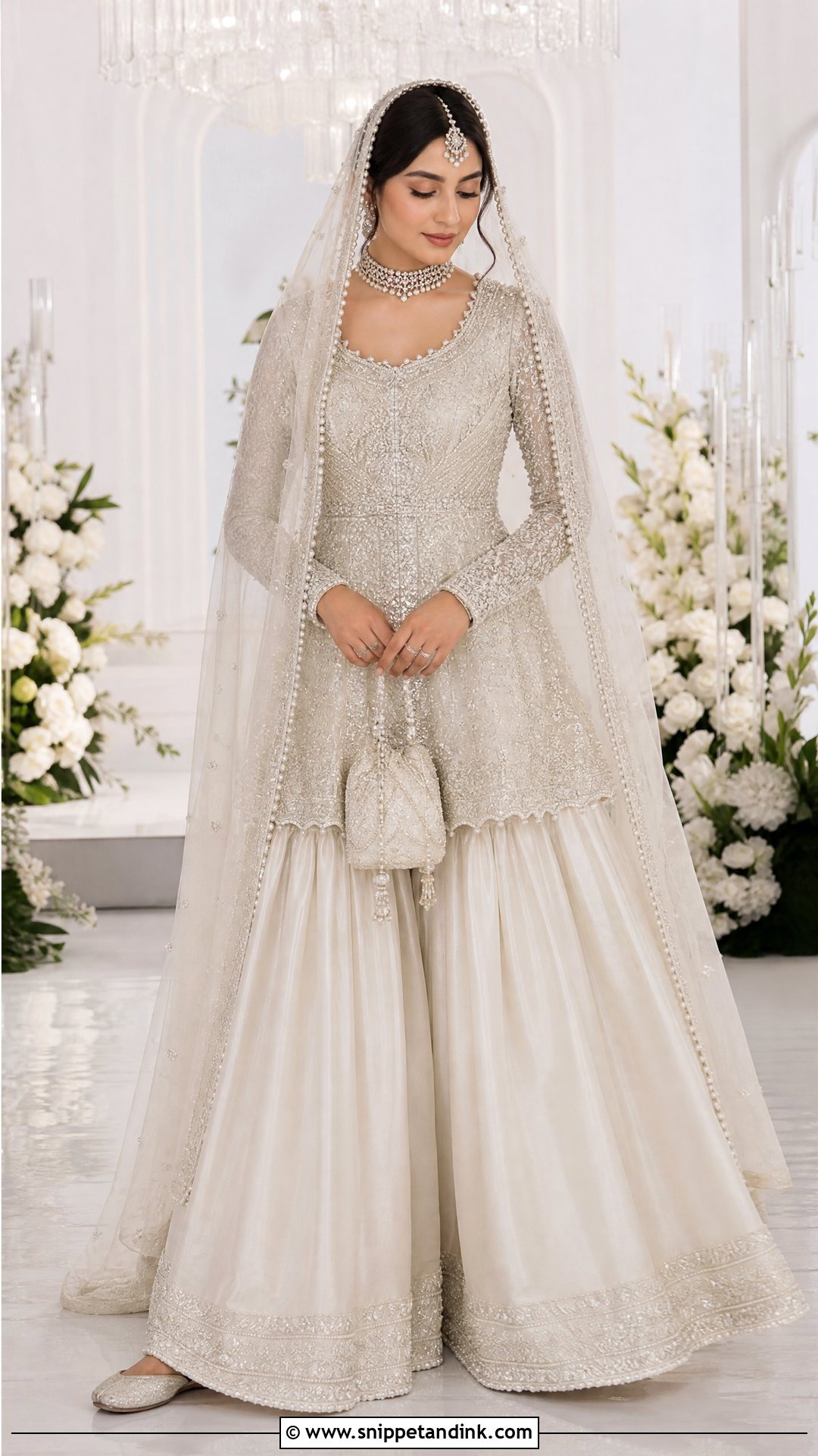 Pearl White Peplum Gharara Bridal Nikkah Dress - Snippet and Ink - 20 Bridal Nikkah Dresses