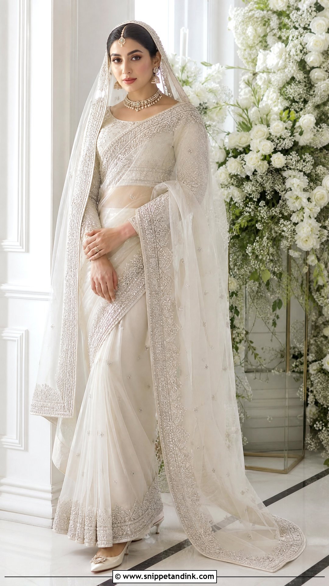Pearl White Sari Nikah Dress With Embellished Blouse - Snippet and Ink - 20 Pakistani Bridal Nikah Dress Ideas