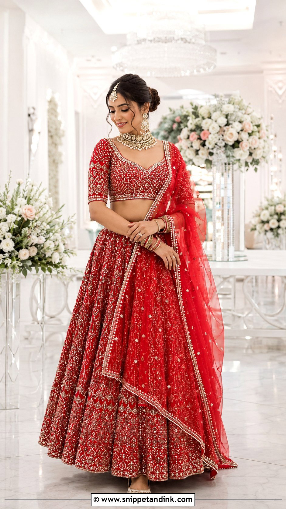 Pearl Work Red Bridal Blouse With Lehenga - Snippet and Ink - 20 Red Bridal Blouse Ideas